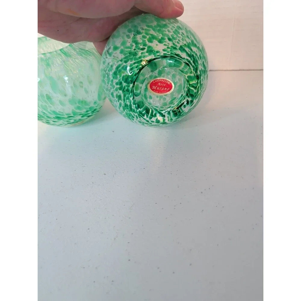 VTG Murano Arte Glass Hand Blown Green Swirl Vases Set Of 2